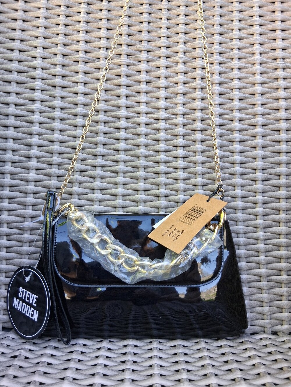 Steve Madden Black Patent Shoulder Bag with Gold Chain Accent